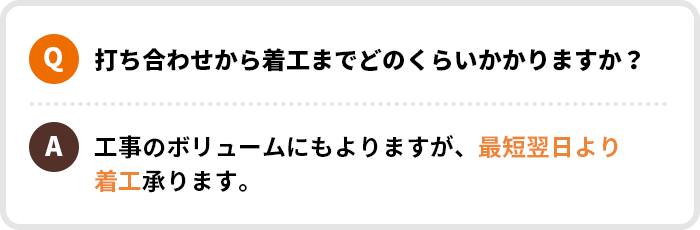 Q.打ち合わせから着工までどのくらいかかりますか？｜A.工事のボリュームにもよりますが、最短翌日より着工承ります。