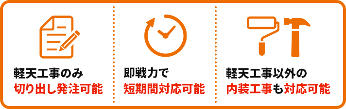 軽天工事のみ切り出し発注可能｜即戦力で短期間対応可能｜軽天工事以外の内装工事も対応可能